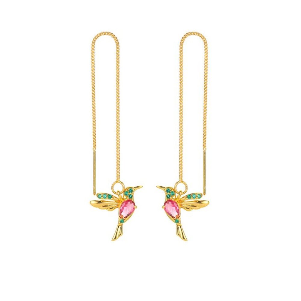Women's Rose Gold Crystal Hummingbird Long Earrings